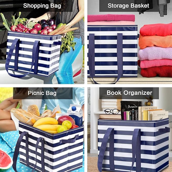 WISELIFE 2 Pack Reusable Grocery Bags Large Water Resistant Grocery Collapsible Heavy Duty Tote Bags for Shopping Picnic