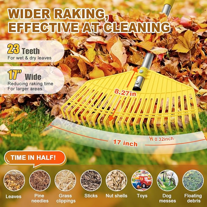 Leaf Rake - 17" Wide Nylon Plastic Head,51" Adjustable Stainless Steel Handle,Heavy Duty Gardening Leaves Rake Tools for Garden Lawns,Yard,Shrub,Grass - Lightweight for Women,Seniors & Kids