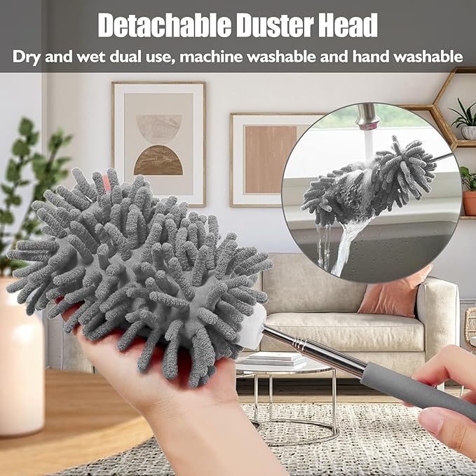 Ceiling Fan Cleaner Duster,Extra Long Dusters with Extension Pole 47 inch for Cleaning, Circle Shape Microfiber Reusable Duster & Flexible Brush, Ceiling Fan Duster for High Ceilings, Furniture (Grey)