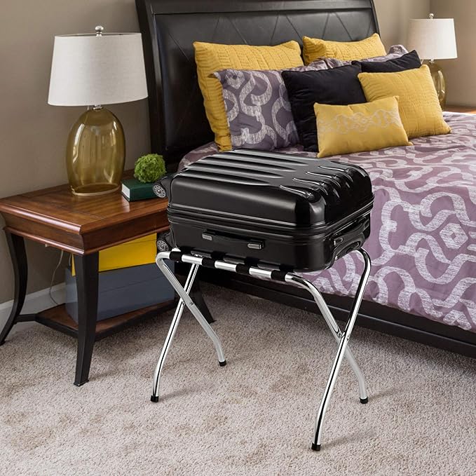Tangkula Chrome Luggage Rack for Guest Room, No Assembly Required, Folding Metal Suitcase Stand with Nylon Belts, for Home Bedroom Guest Room Hotel, Luggage Rack, Silver (2)