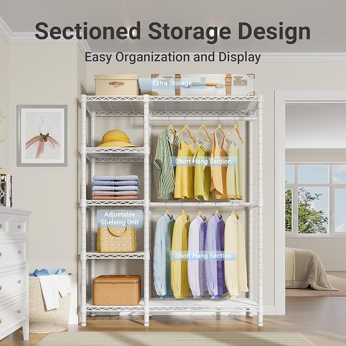 VIPEK V7 Garment Racks for Hanging Clothes Heavy Duty Clothes Rack with Shelves, Portable Closet Rack Metal Clothing Racks 5 Tiers Freestanding Closet Wardrobe System, Max Load 670lbs, White