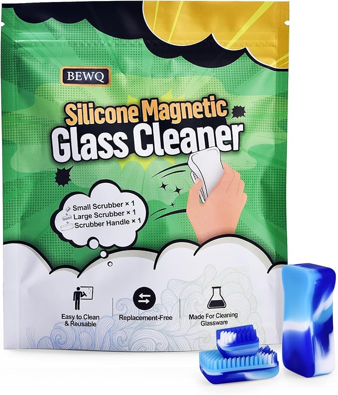 Magnetic Glass Cleaner Kit - Reusable Pipe Cleaning Tool Deep Cleans Hard-to-Reach Stains Two Silicone Brush with Handle Design Versatile for Glassware, Ceramic Surfaces, Blue