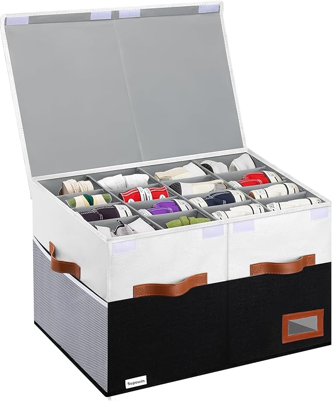 Supowin Shoe Organizer for Closet, Foldable Shoe Storage Bins with Lid & Adjustable Dividers, Fabric Shoe Box Storage Containers with Four Reinforced Handles, Fits 16 Pairs, 1 Pack, Black & White