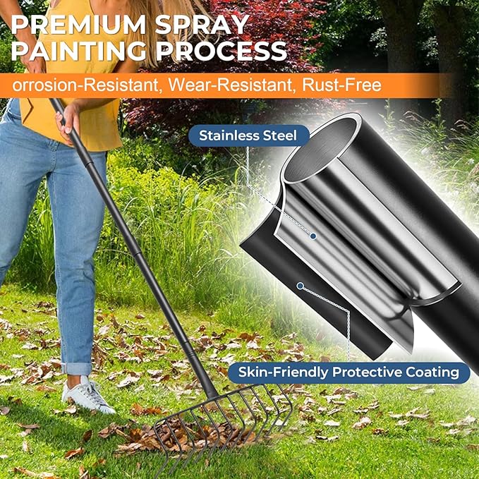 85" Adjustable Rake with 16" Wide Lightweight L-Shaped Head - No-Bend Gardening Tool for Hay, Leaves, and Mulch - Comfortable Metal Rake to Prevent Back Pain