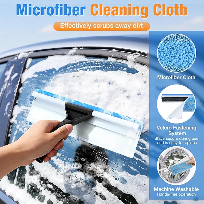 13.8" Window Squeegee for Glass Window Cleaning,All-Purpose Shower Squeegee with Microfiber Scrubber for Bathroom,Shower Glass Door,Mirror,Tile Wall, Car Windshield,Household Window Cleaner Tool,Bule