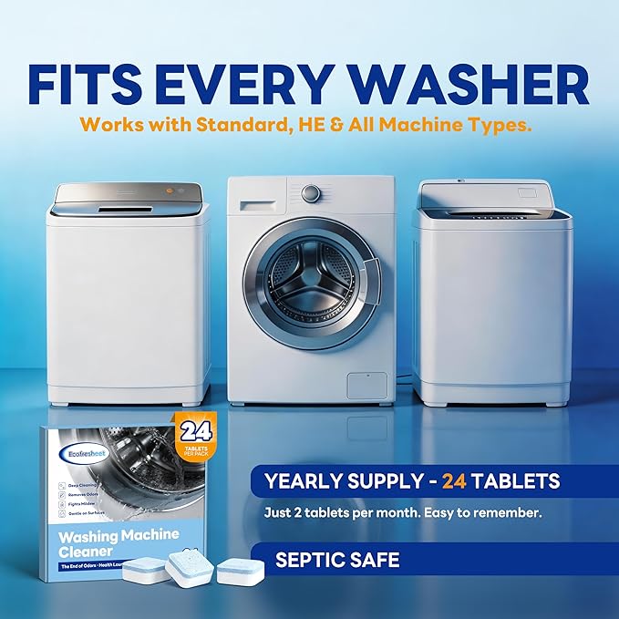 Washing Machine Cleaner Tablets - 24 Count, Deep Cleaning Descaler for Front & Top Load Washers | Removes Odor & Residue | Easy-to-Use Cleaning Tabs for Monthly Maintenance