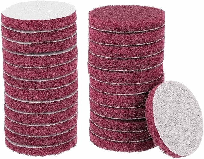 HARFINGTON 24pcs Scrubber Scouring Pads 400 Grits 3 Inch Drill Power Brush Hoop and Loop Surface Conditioning Disc Drill Scuffing Disc Scrub Pads for Home Kitchen Cleaning, Red