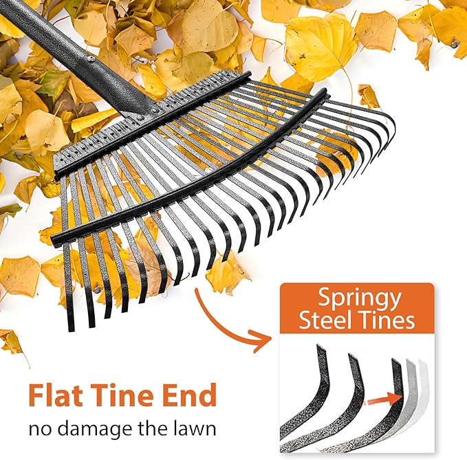 Rake, Gardening Rakes for Leaves Lawns Heavy Duty, 79 in Leaf Rake with 25 Clog-Free Tines, 18.5” Wide Large Head, Metal Garden Tools for Yard Quick Cleanup Garss, Debris, Detachable for Camping