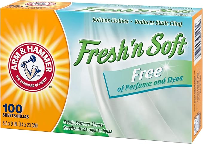 Arm & Hammer Fabric Softener Sheets, Free of Perfumes and Dyes, 100 ct (Pack of 2)