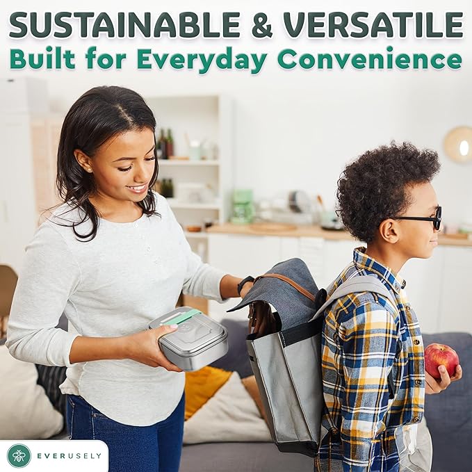 Everusely - Bento Box - Green, 47oz / 1.4 L - Large Stainless Steel Lunch Box with Leakproof Condiment Container - 3 Compartment Snack Organizer for On the Go Meals - Freezer & Dishwasher Safe