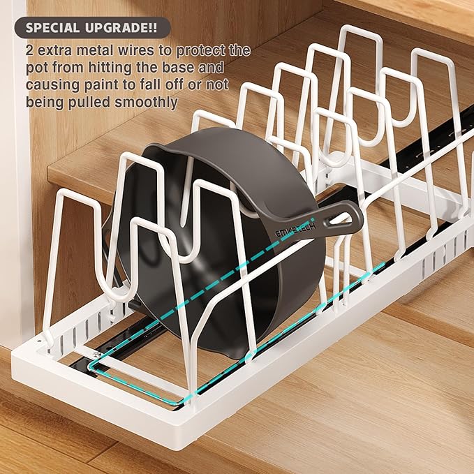 2 Pack Pots and Pans Organizer Under Cabinet, 22" Deep Expandable Pull Out Pot Lid Organizer and Storage with 10 Adjustable Dividers No Drill Pot and Pan Holder Rack with Handle Bracket(White)