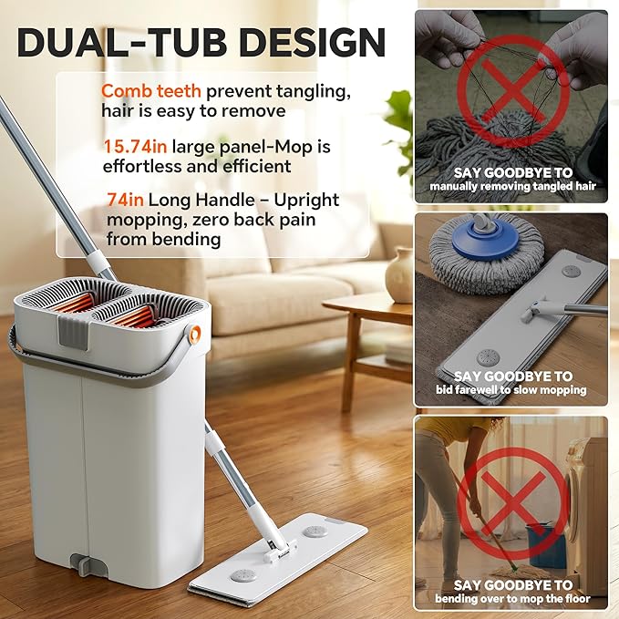 CTIME Large Mop and Bucket Set, Flat Mop and Bucket System, Wall Mop with Adjustable Handle (Max 70.87 Inches), Mops for Floor Cleaning, 6 Washable 15.74'' Microfiber Mop Pads
