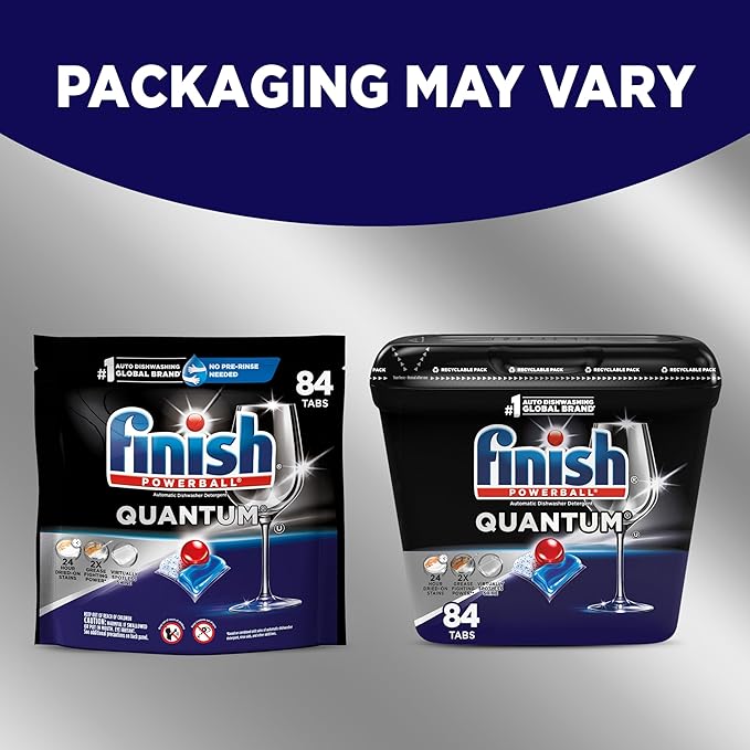 Finish Quantum Dishwasher Pods, No Pre-Rinse Dishwasher Detergent Soap Removes 24HR Dried-On Stain and Grease, Leaving a Virtually Spotless Shine,168 Count, Pack of 2