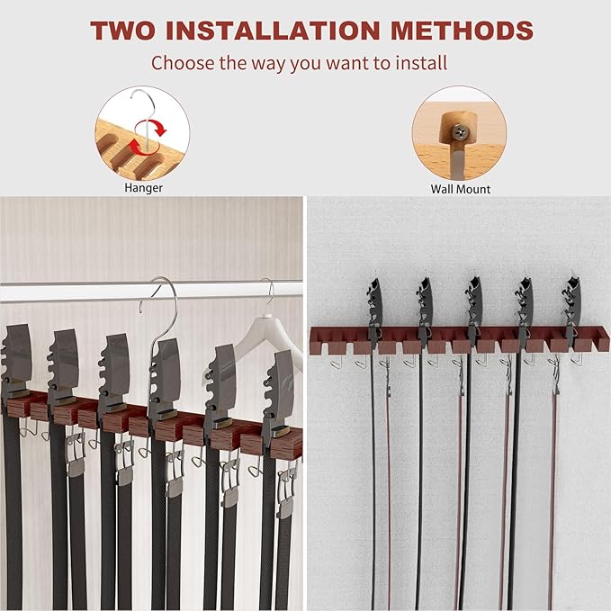Cuipingoo Belt Hanger for Closet Max 42 Belts, 2-in-1 Wall Mount Belt Organizer with 360° Rotating Hooks, Wooden Tie and Belt Rack for Closet Accessories Organizers and Storage, Walnut Wood
