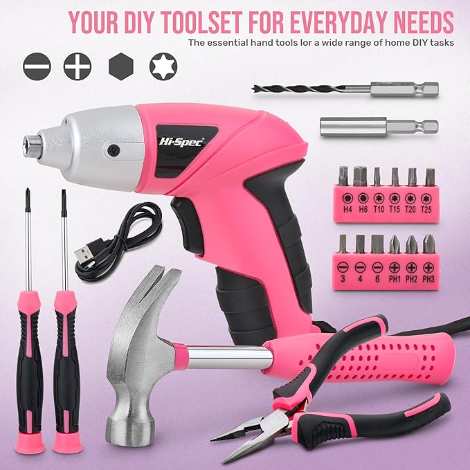 Hi-Spec Cordless Electric Screwdriver, Power Screw Driver Set with Pink Compact Tool Kit for Small Repair and Maintenance- Ideal Housewarming Gift,19 Piece