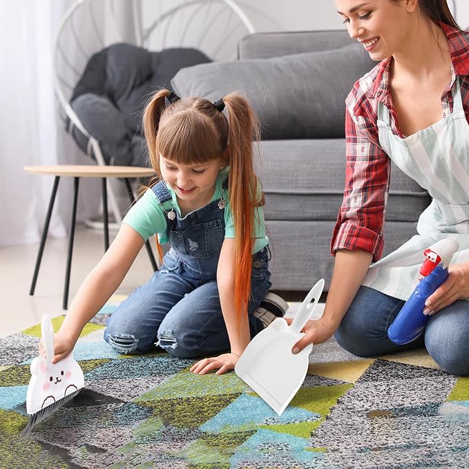 Ouligay Portable Mini Dustpan and Brush Set,Cute Small Broom and Dustpan Set with Durable Brush,Lightweight Dust Pan and Broom Set for Desktop Small Space Cleaning(White Rabbit)