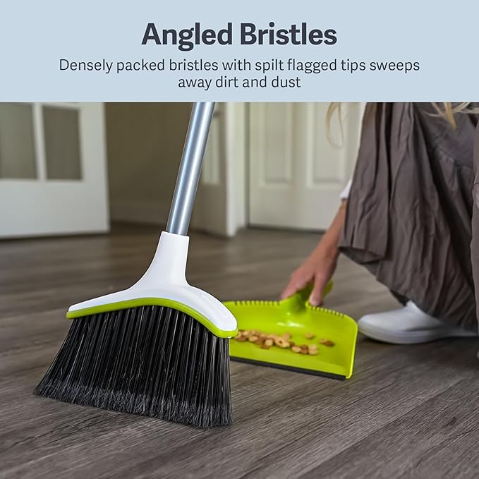 Casabella Basics 2-Piece Angled Broom and Dustpan Set, 44" Angled Broom with Long Handle and Dustpan, Silver/Green