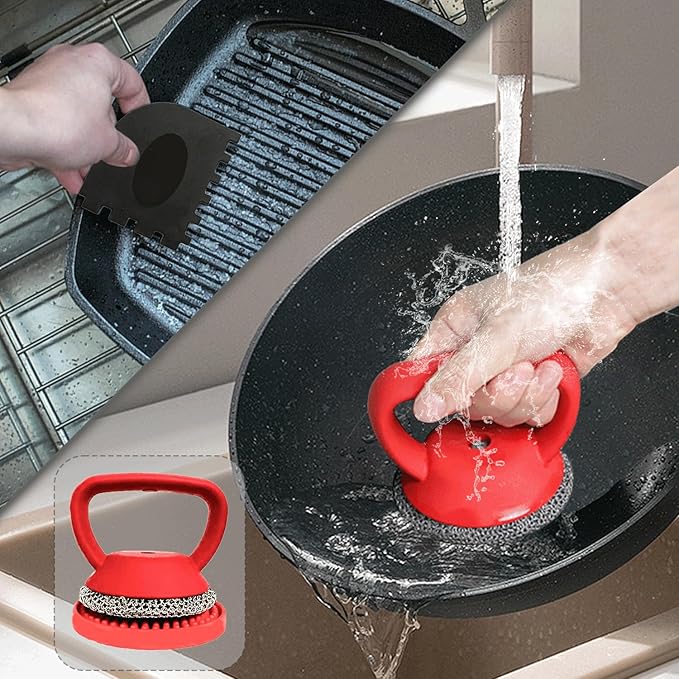 MEIXINZHI Cast Iron Cleaner, Chain Mail Scrubber & Pan Grill Scrapers - 2 in 1 Cast Iron Skillet Cleaner (red, with mat)