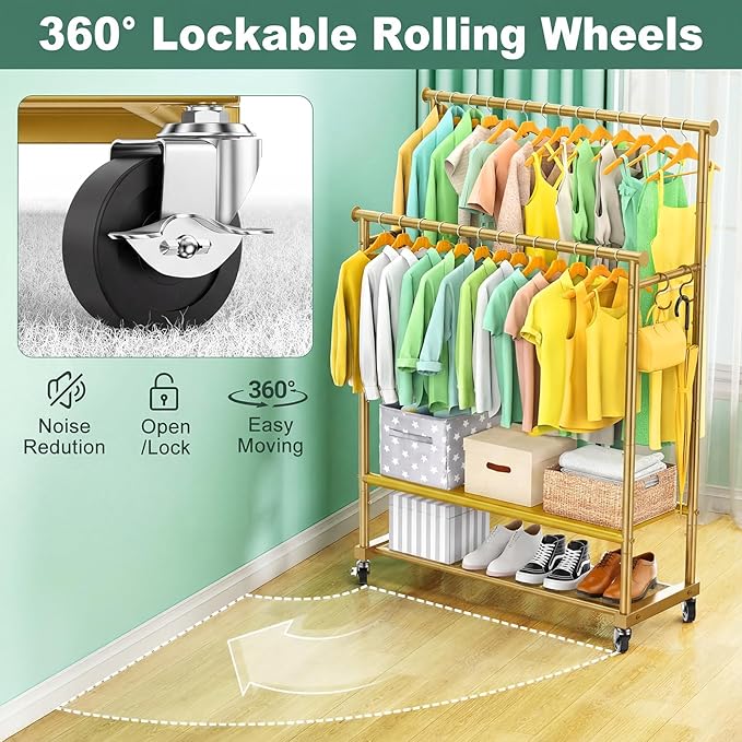 Double Rods Clothes Rack for Hanging Clothes, Heavy Duty Rolling Clothing Rack with Wheels, Freestanding Garment Racks with Oxford Bottom Shelf and Mesh Bottom Shelf for Bedroom Laundry (Gold)