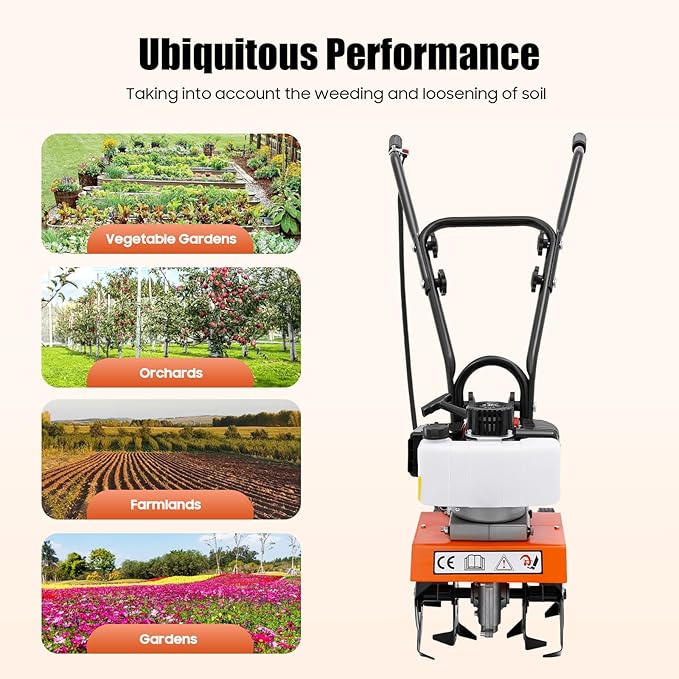 Rototiller Gas Powered, 43CC 2-Cycle Garden Tiller, Mini Tiller for Gardening with 4 Steel Adjustable Front Tines for Lawn, Garden and Field Soil Cultivation, Furrowing