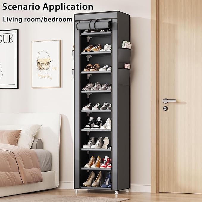Calmootey 9 Tier Shoe Rack Organizer,Portable Shoe Shelf with Nonwoven Fabric Cover for Closet Hallway,Bedroom,Entryway,17.72x11.81x62.99inches,Grey