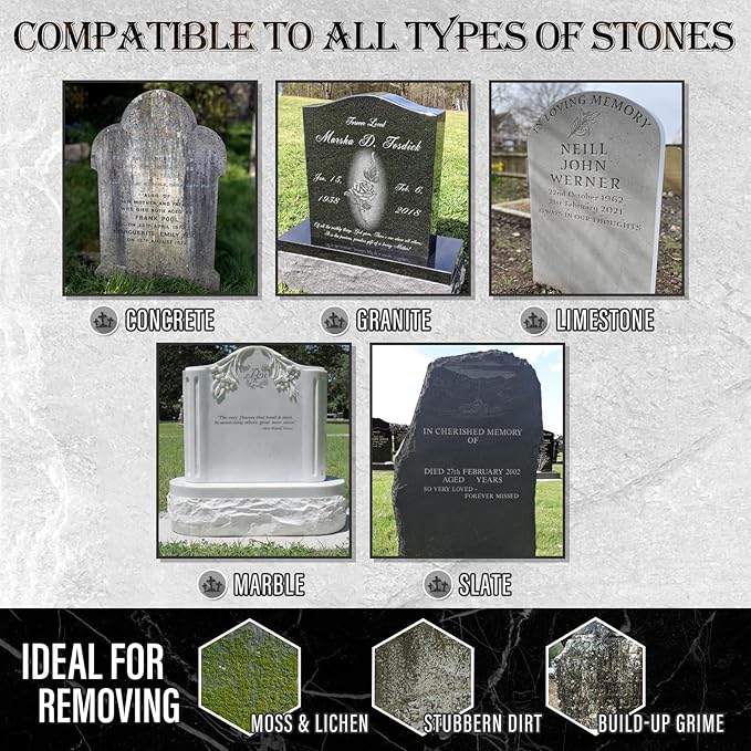Headstone Cleaner for Graves, Tombstone & Headstone, Removes Dirt, Moss & Other Grime, Tombstone cleaner for Restoring Natural Luster on Granite, Stone, Marble, Slate, Concrete & More, 8.8 oz