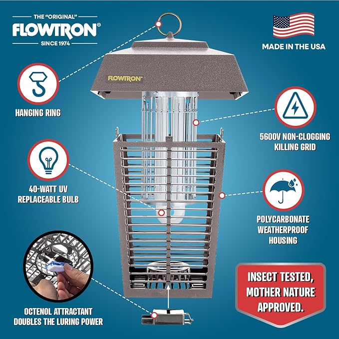 Flowtron Bug Zapper, 1 Acre of Outdoor Coverage with Powerful 40W Bulb & 5600V Instant Killing Grid, Electric Insect, Fly & Mosquito Zapper, Made in The USA - Grey Color