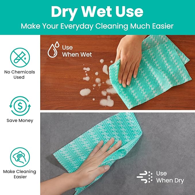 Reusable Cleaning Towels Reusable Cloths Dish Cloths, 100 Count Multi-Purpose Dry Handy Wipes Disposabel Kitchen Towels, Durable, Absoebent, Dry Quickly, Green, Handi Wipe