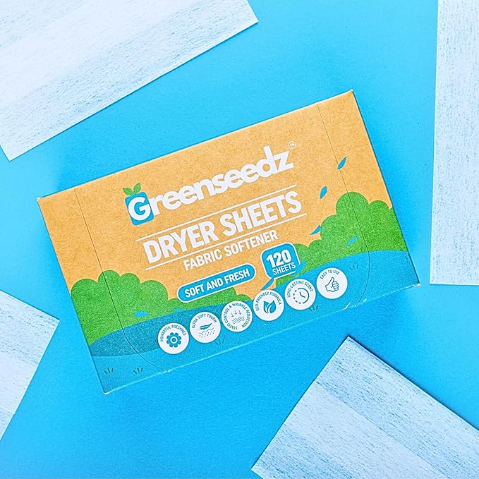 Greenseedz Dryer Sheets, 120 Count, Softens, Reduces Static & Freshens Laundry, Plastic-Free, Works with All Fabrics