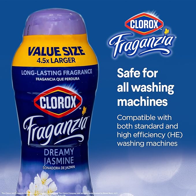 Clorox Fraganzia Laundry Scent Booster Crystals, In-Wash Fragrance Beads for Fresh-Smelling Clothes & Linens, Safe for All Fabrics & Colors, Easy-Pour Bottle, Dreamy Jasmine Scent, 70 Oz