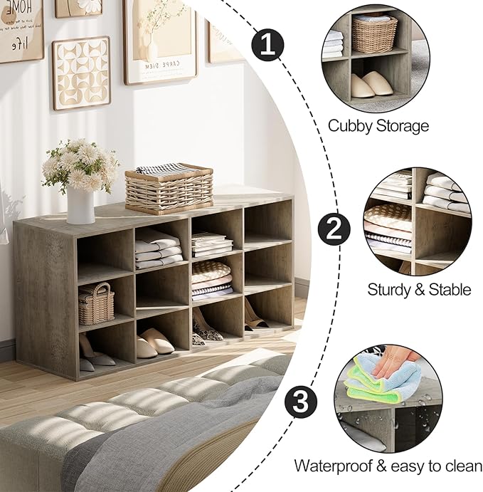 Garden 4 you Shoe Storage Bench, Cubby Shoe Rack with 12 Cubbies, 3-Tier Wood Shoe Rack Organizer, Shoe Organizer Cabinet for Entryway, Hallway, Closet and Garage, Grey