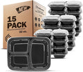 Freshware Bento Box Meal Prep Containers, 3-Compartment, 32 ounce, 15-Pack