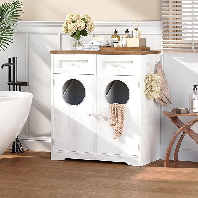 HOOBRO Double Laundry Hamper Cabinet, Hidden Laundry Cabinet with 2 Drawers & 2 Baskets, 20 Gallon Farmhouse Bathroom Laundry Hamper with 2 Clothes-Toss Holes, White and Dark Walnut WHZ36XY01