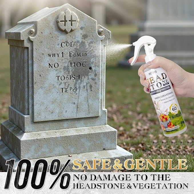 Headstone Cleaner for Graves, Tombstone & Headstone, Removes Dirt, Moss & Other Grime, Tombstone cleaner for Restoring Natural Luster on Granite, Stone, Marble, Slate, Concrete & More, 8.8 oz