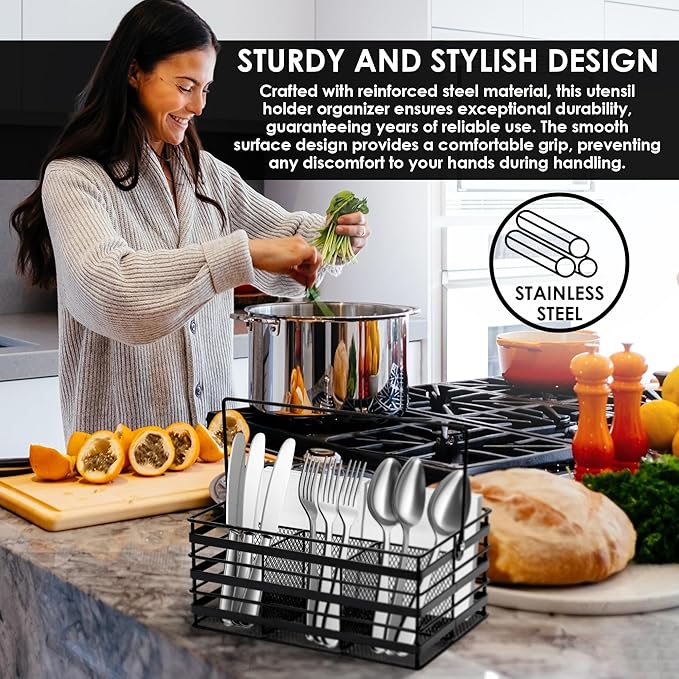 Stainless Steel Utensil Basket,Dishwasher, Flatware Basket, Kitchen, Countertop, Office, Camping, Outdoors, and Restaurants, 4-Compartment, Black