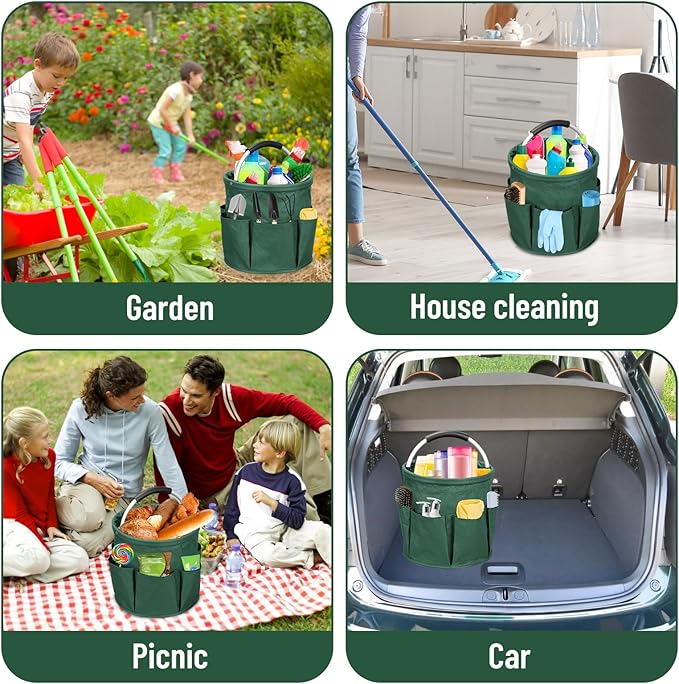 Qivine 17L Cleaning Caddy with Handle, Cleaning Supply Caddy, Foldable Tool Bag Cleaning Products Organizer, Portable Cleaning Bucket Caddy for Cleaning Supplies (Green)
