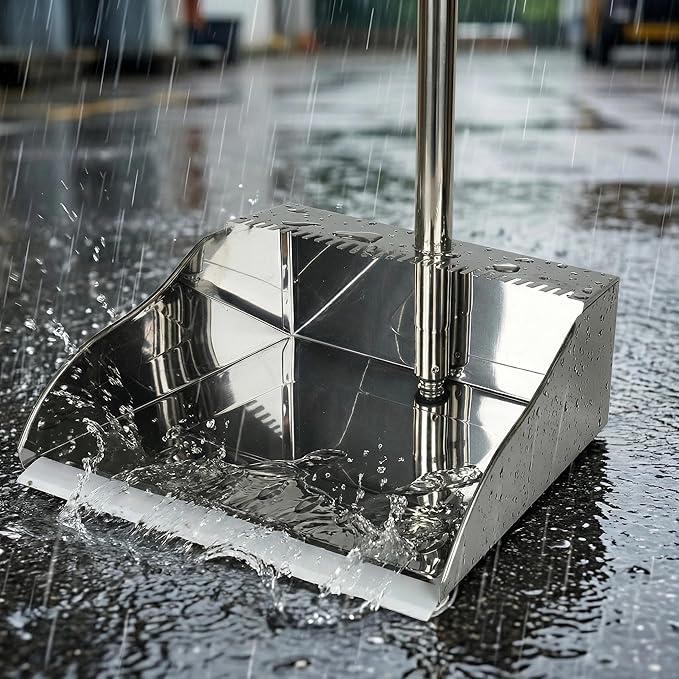 Metal Dustpan Long Handle Stainless Steel Dustpan,Heavy Duty Standing Dust Pan with Teeth, Indoor Outdoor Up for Home Kitchen Lobby Room Office