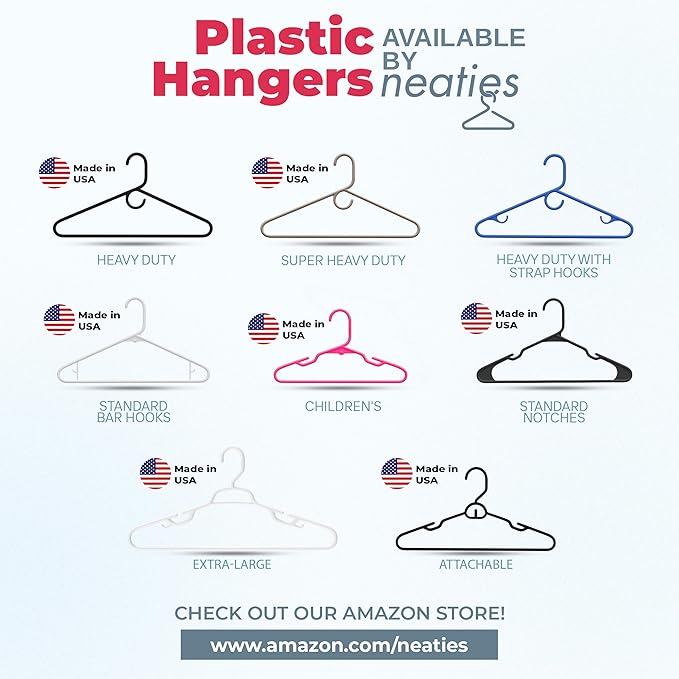 Neaties Plastic Hangers 50 Pack (60 Count) – Made in the USA – 6lb Capacity Standard Clothes Hangers with Strap Hooks for Dresses, Lingerie, Shirts, Pants, and Jackets – White & Black