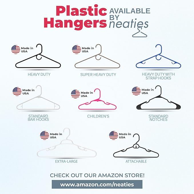 Neaties Plastic Hangers 50 Pack (60 Count) – Made in The USA – 6lb Capacity Standard Clothes Hangers with Strap Hooks for Dresses, Lingerie, Shirts, Pants, and Jackets – White & Pink