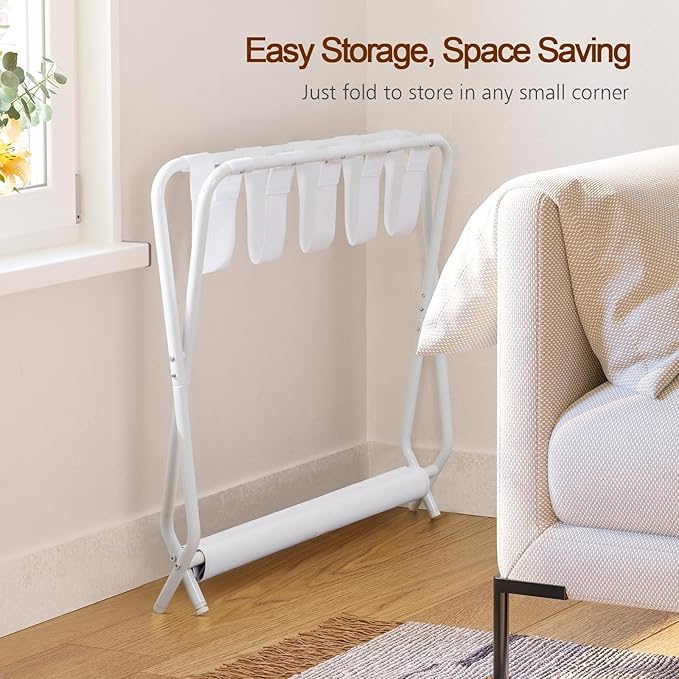 AMHANCIBLE Luggage Rack, Set of 2, Foldable Suitcase Stands for Guest Room, Metal Luggage Holder with Storage Shelf for Bedroom, Hotel, Easy Assemble, White HLR02WT