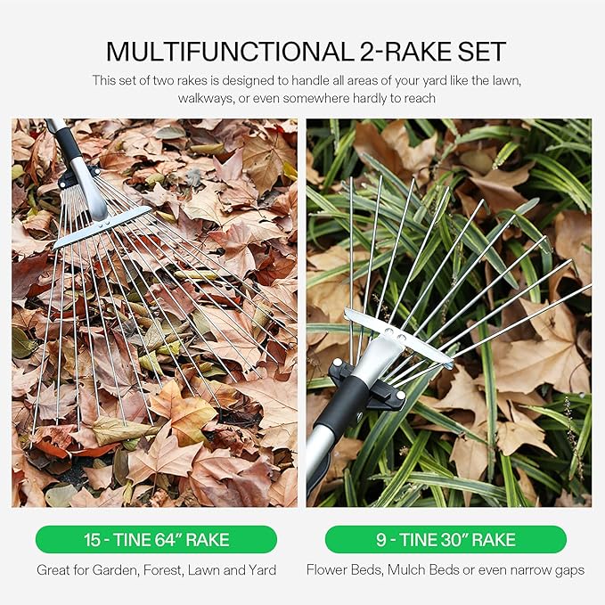 VIVOSUN 2-Piece Leaf Rake Set - Adjustable Garden/Camping Rake with 15/9 Tines, Collapsing Tines & Telescopic Handle (64'' & 30'')
