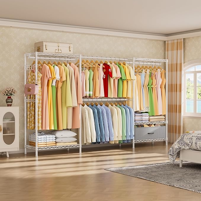 Golpart Coat Rack Clothes Wardrobe：Closet Organizer and Storage Clothing Garment Rack with Shelves Heavy Duty for Hanging Clothes Portable Adjustable White 15.8" DX69 WX76.5 H