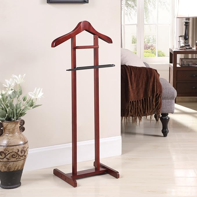 Proman Products Lancaster Suit Valet Stand VL16141 with Tray, Contour Hanger, Trouser Bar, 17" W x 12" D x 42" H, Mahogany