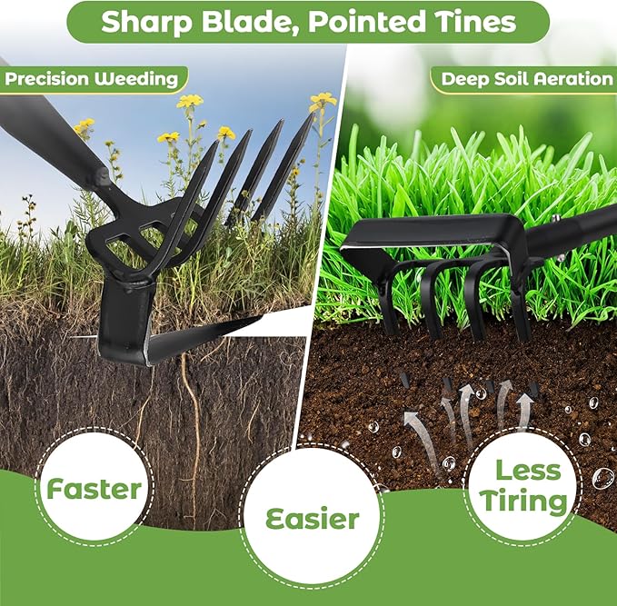 Lilyvane Garden Hoe, 2 in 1 Heavy Duty Stirrup Hoe and Cultivator for Weeding, Sharp Blade, 76 inch Long Handle, Lightweight Stand Push-Pull Hoes Weeding Rake for Grass Removal, Aerating, Cultivating