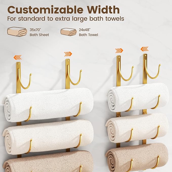 Bathroom Rolled Towel Rack: 4-Tier Wall Mounted Towel Storage Holder, Hanging Organizer for Towels, Blankets, Large Bath Sheets, Space Saving in RV, Closet, Toilet, Cabinet, Gold