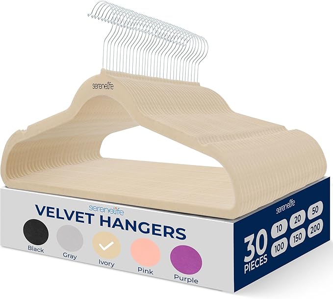 SereneLife 30 Pack Velvet Hangers - Non-Slip Felt Hangers with 360° Swivel Hook, Space-Saving, Ultra-Thin, Lightweight for Shirts, Sweaters, Hoodies, Kids Clothes & Dresses (Ivory)