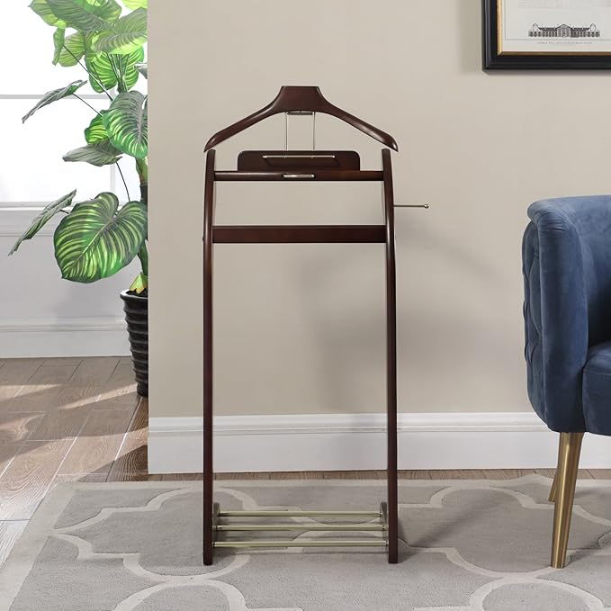 Proman Products Windsor Suit Valet Stand VL16001 with Top Tray, Contour Hanger, Trouser Bar, Tie & Belt Hooks and Shoe Rack, 17"W x 14"D x 40"H, Dark Walnut