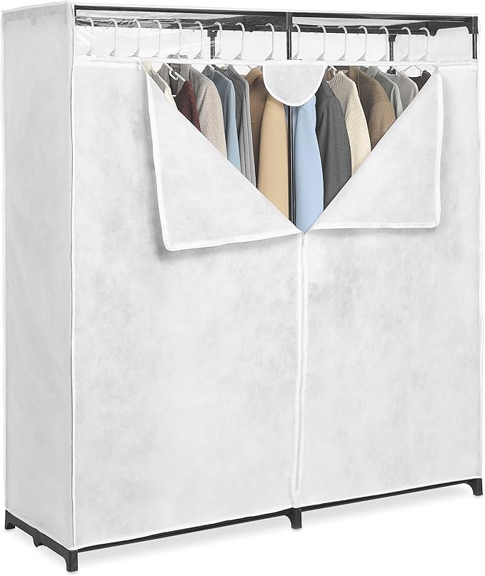 Whitmor Extra Wide 60" Clothes Closet, Durable Portable Hanging Wardrobe with Breathable Fabric Cover, Heavy Duty Metal Clothing Rack, Easily Assemble for Home, Bedroom, Dorm, White