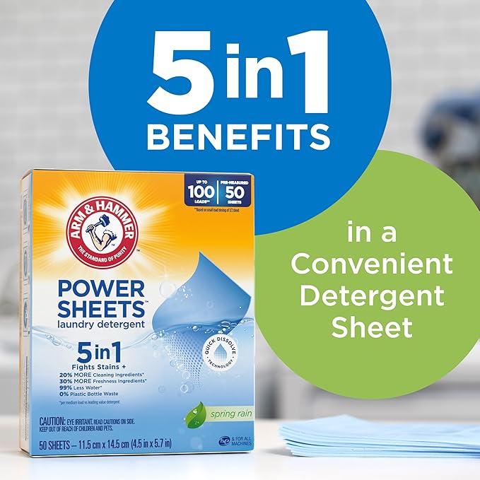 ARM & HAMMER 5-in-1 Power Sheets Laundry Detergent, Spring Rain, 50 Count, up to 100 Small Loads