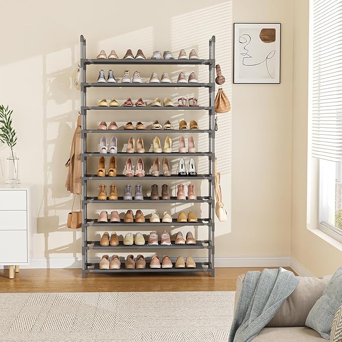 LANTEFUL Tall Shoe Rack 10 Tier Shoe Organizer Large Shoe Shelf with 18 Hooks Storage for 50 Pair Sneaker and Boot, Stackable Vertical Shoe Rack Organizer for Closet, Entryway, Bedroom, Grey
